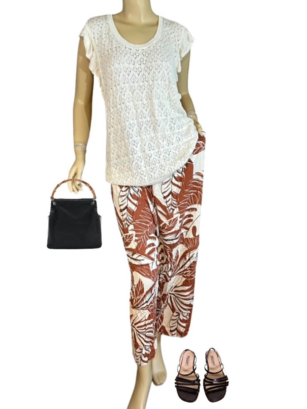 SUSAN GRAVER BLACK & BROWN LEAF PRINT CROPPED, WIDE LEG LINEN BLEND PANTS (2X)